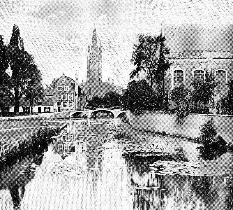圣母教堂和中世纪运河在比利时布鲁日- 19世纪